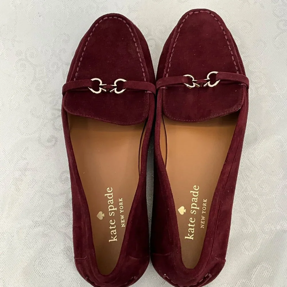 Kate Spade New York 8.5B Burgundy‎ Suede Loafers Silver Bit Detail Women's